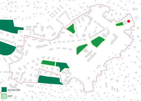Kartbilden med de grön- och parkområden som finns inom planområdet. Den röda pricken (gjord av Lidingösidan) visar på området bakom Vasaborgen, som planeras få en byggnad. Illustration: Spacescape