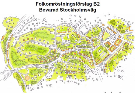Förslaget B2, där Stockholmsvägen inte flyttas. De brunfärgade fastigheterna ska enligt förslaget byggas. Illustration: Lidingö stad