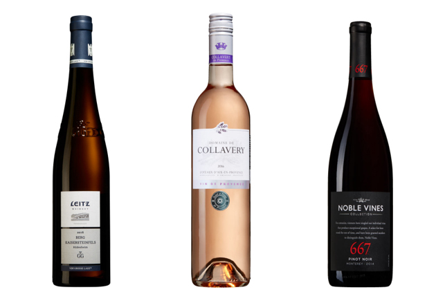 Maj månads viner fr.v. det vita Leitz, rosévinet Domaine de Collavery och det röda Noble Vines 667.