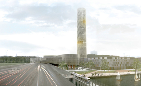 Den här vyn på Lidingöbron kan kanske bilisterna från Lidingö få i framtiden om Stockholmsfyren förverkligas. Illustration: Alessandro Ripellino Arkitekter